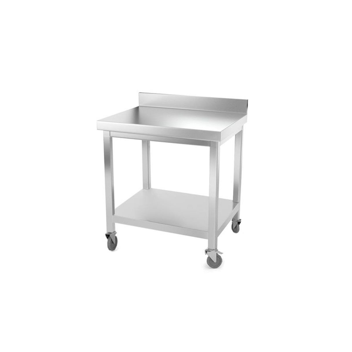 Table inox 700 x 500 mm adossée avec renfort sur roulettes / GOLDINOX