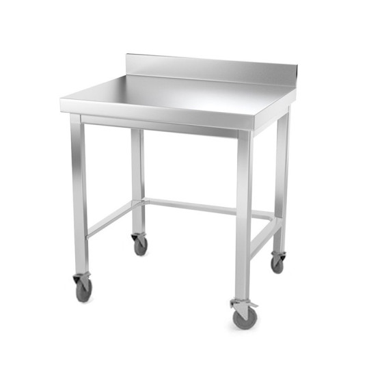 Table inox 800 x 500 mm adossée avec renfort sur roulettes / GOLDINOX