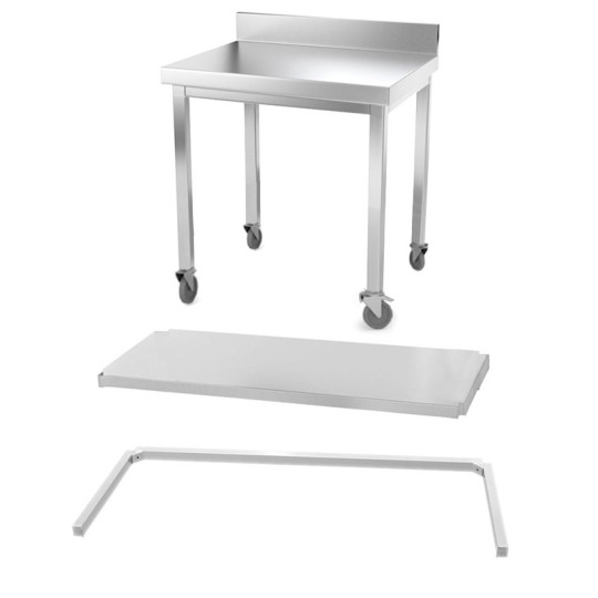 Table inox 800 x 500 mm adossée avec renfort sur roulettes / GOLDINOX