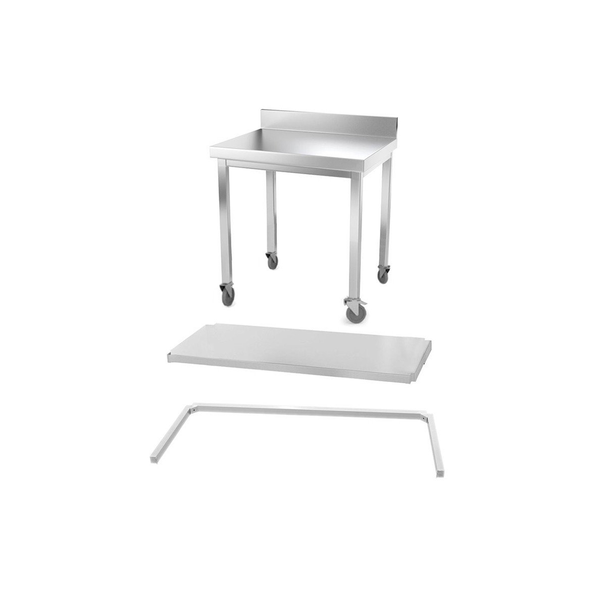 Table inox 800 x 500 mm adossée avec renfort sur roulettes / GOLDINOX