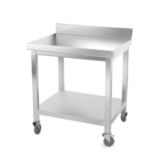 Table inox 800 x 500 mm adossée avec renfort sur roulettes / GOLDINOX