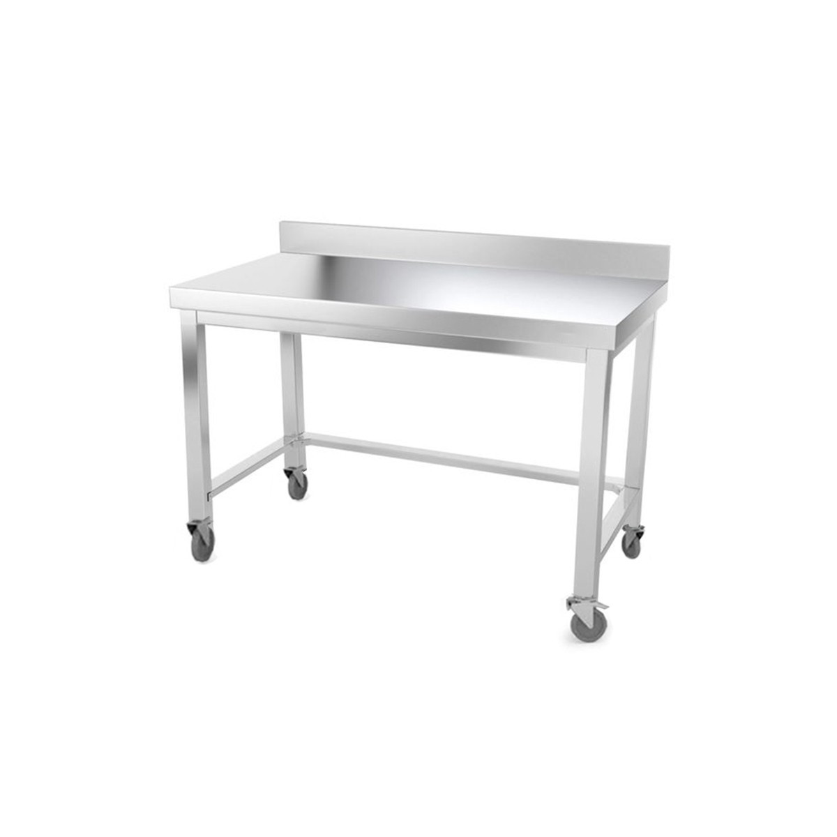 Table inox 1400 x 500 mm adossée avec renfort sur roulettes / GOLDINOX