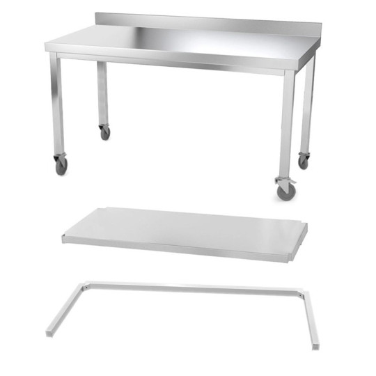 Table inox 1400 x 500 mm adossée avec renfort sur roulettes / GOLDINOX