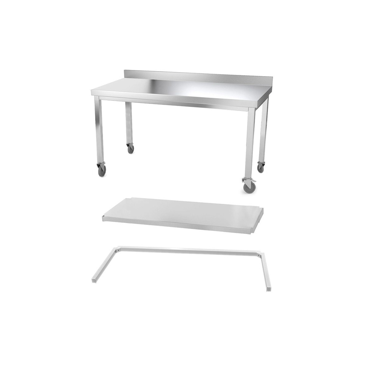 Table inox 1400 x 500 mm adossée avec renfort sur roulettes / GOLDINOX