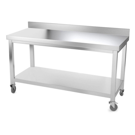 Table inox 1400 x 500 mm adossée avec renfort sur roulettes / GOLDINOX