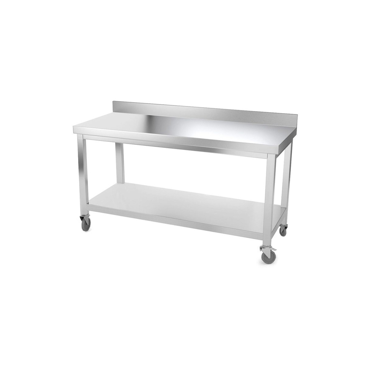 Table inox 1400 x 500 mm adossée avec renfort sur roulettes / GOLDINOX
