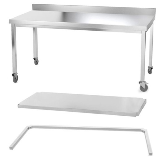 Table inox 2000 x 500 mm adossée avec renfort sur roulettes / GOLDINOX
