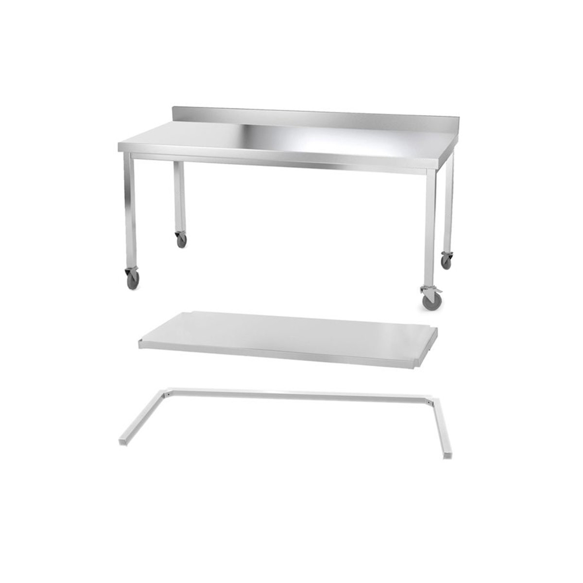 Table inox 2000 x 500 mm adossée avec renfort sur roulettes / GOLDINOX