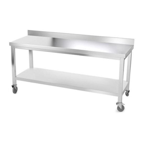 Table inox 2000 x 500 mm adossée avec renfort sur roulettes / GOLDINOX