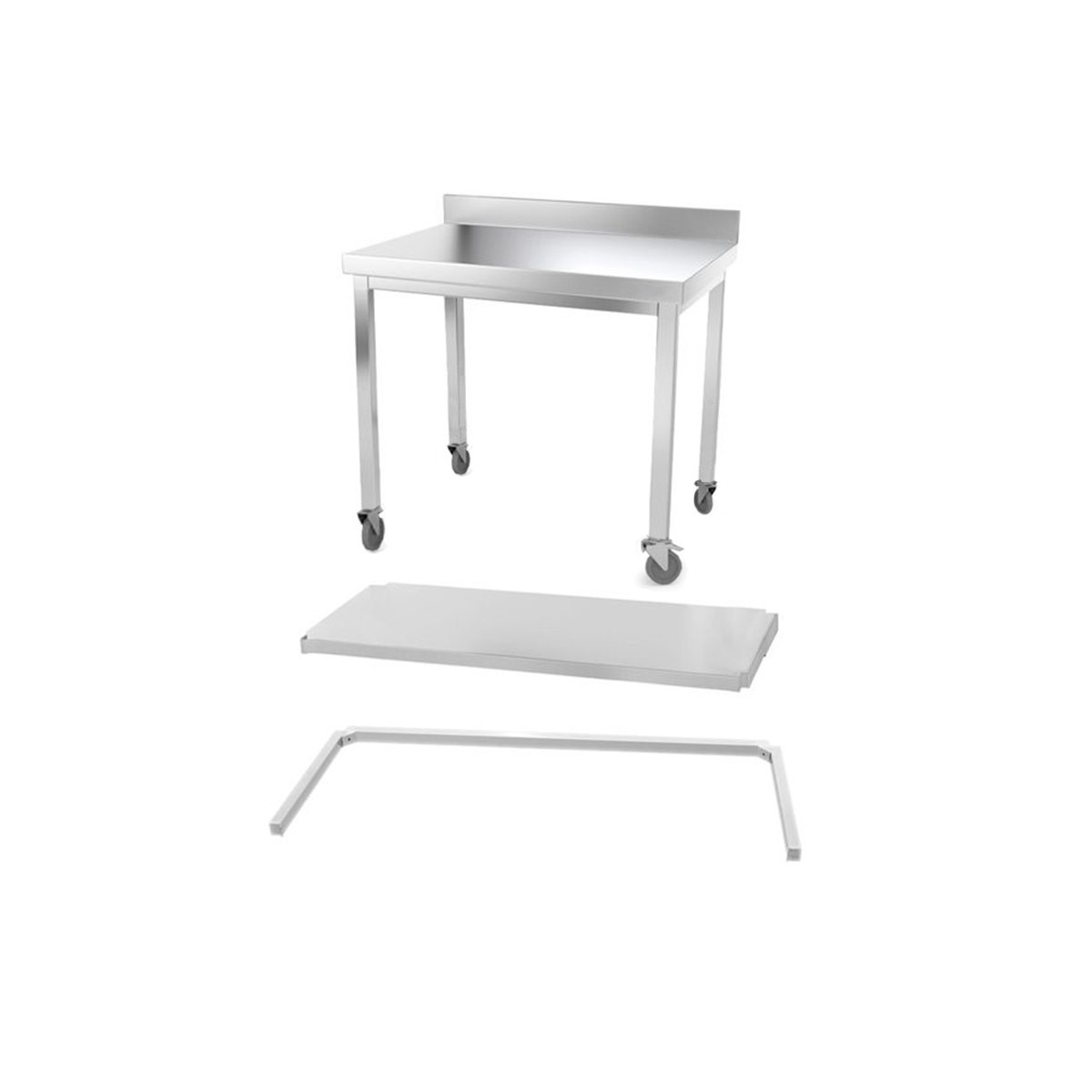 Table inox 1000 x 600 mm adossée avec renfort sur roulettes / GOLDINOX