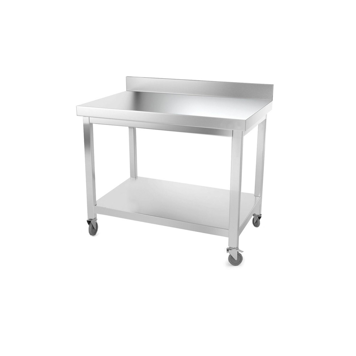 Table inox 1000 x 600 mm adossée avec renfort sur roulettes / GOLDINOX