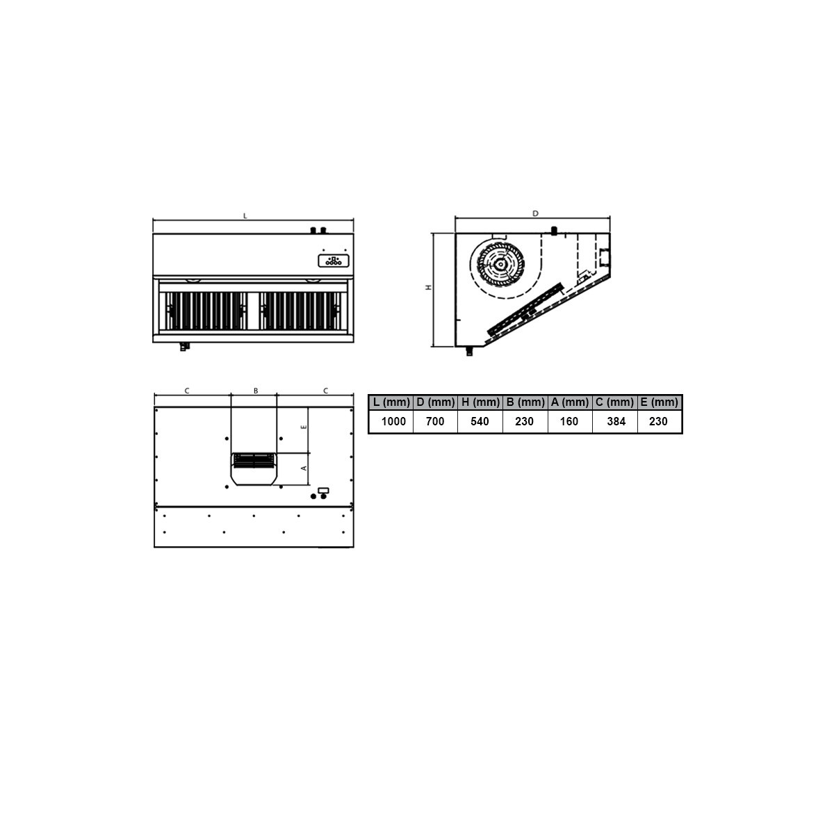 Hotte murale 1000 x 700 x 540 mm avec moteur, variateur, éclairage, filtre et robinet de vidange / GOLDINOX