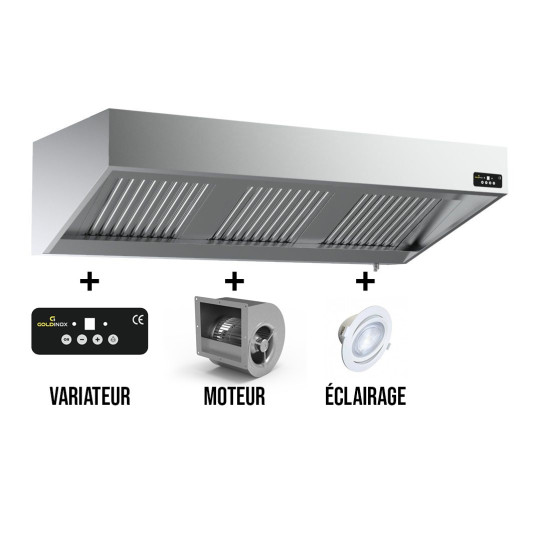 Hotte murale 3000 x 700 x 540 mm avec moteur, variateur, éclairage, filtre et robinet de vidange / GOLDINOX