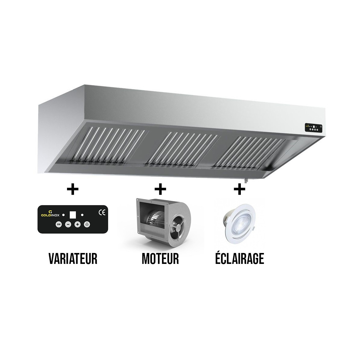 Hotte murale 3000 x 700 x 540 mm avec moteur, variateur, éclairage, filtre et robinet de vidange / GOLDINOX