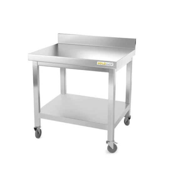 Table inox soubassement 600 x 700 mm adossée sur roulettes / GOLDINOX