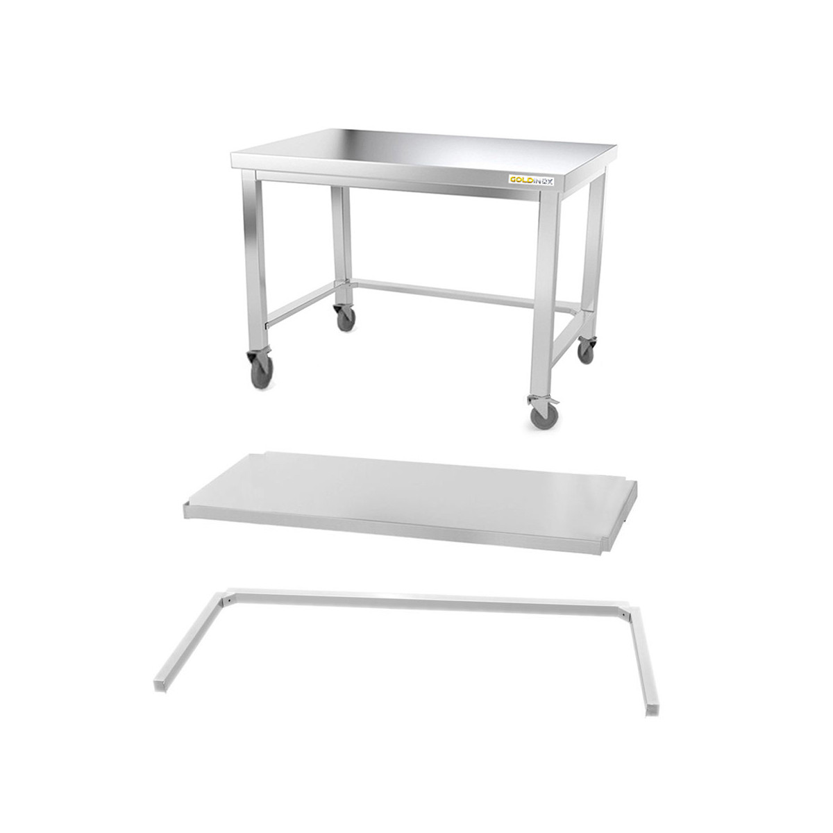 Table inox soubassement 1200 x 600 mm avec renfort sur roulettes / GOLDINOX
