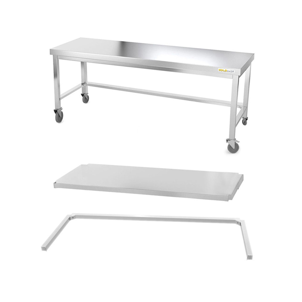 Table inox soubassement 1800 x 600 mm avec renfort sur roulettes / GOLDINOX