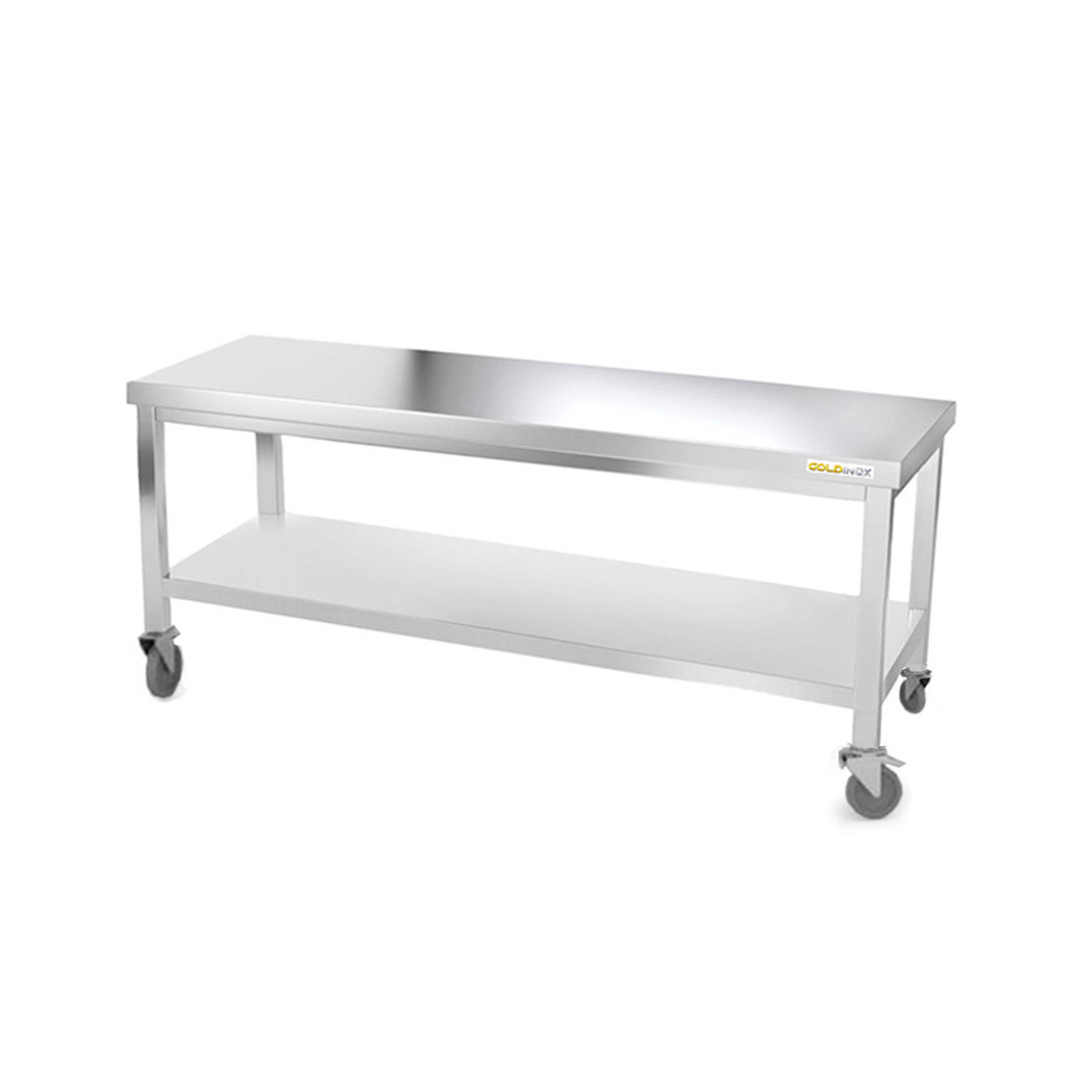 Table inox soubassement 1800 x 600 mm avec renfort sur roulettes / GOLDINOX