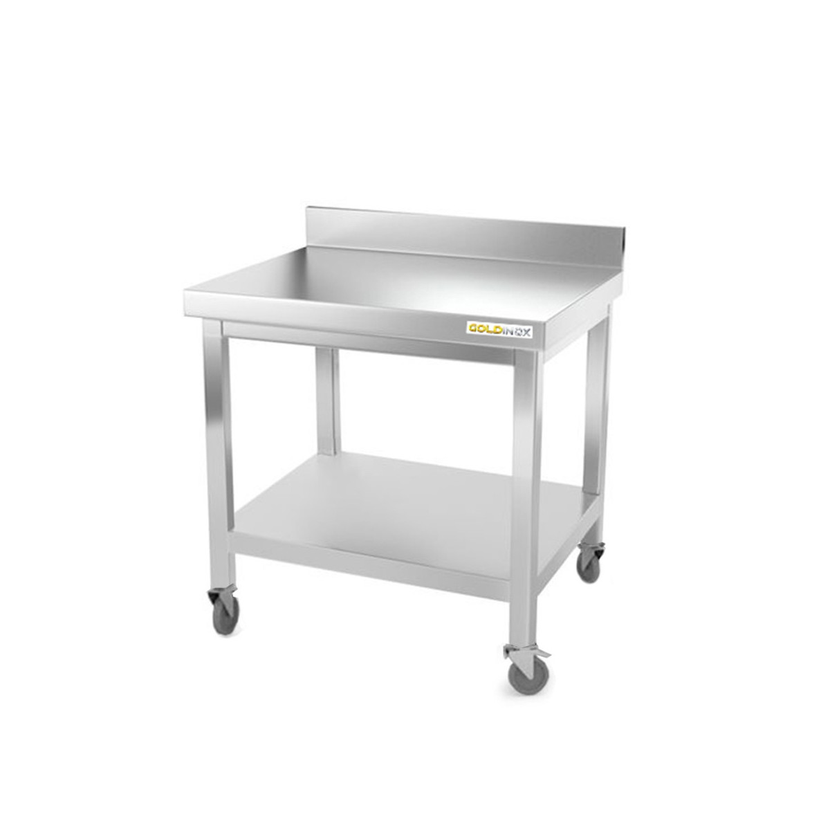 Table inox soubassement 800 x 700 mm adossée sur roulettes / GOLDINOX
