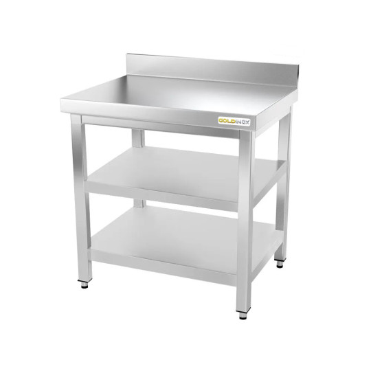 Table inox 700 x 700 mm adossée avec 2 étagères / GOLDINOX