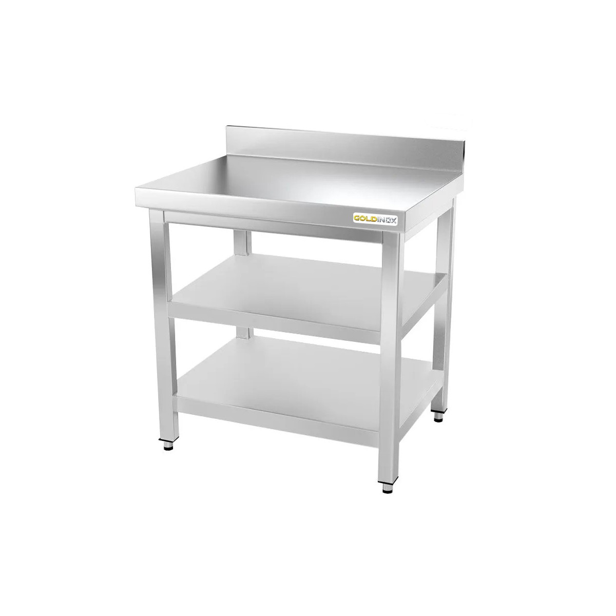 Table inox 700 x 700 mm adossée avec 2 étagères / GOLDINOX