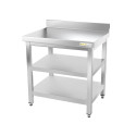 Table inox 700 x 700 mm adossée avec 2 étagères / GOLDINOX