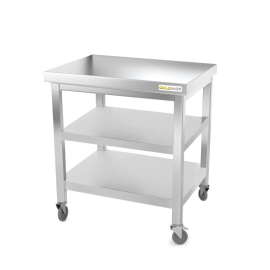 Table inox 800 x 700 mm avec 2 étagères sur roulettes / GOLDINOX