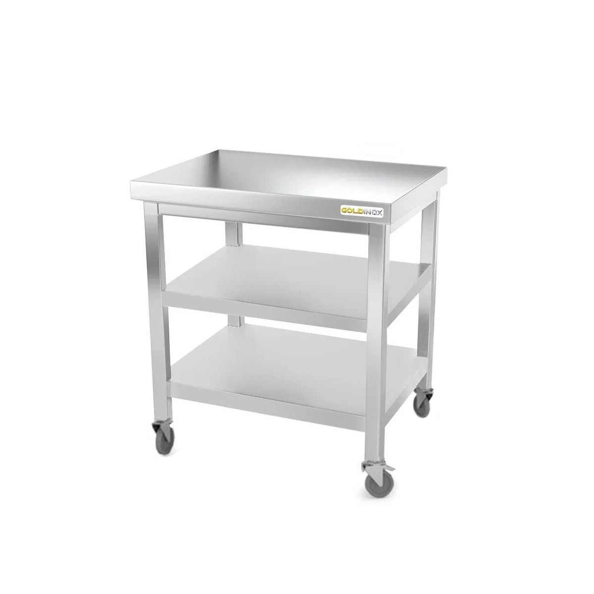 Table inox 800 x 700 mm avec 2 étagères sur roulettes / GOLDINOX