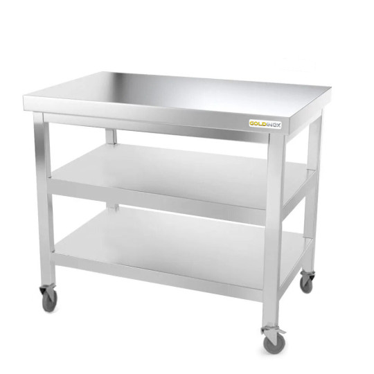 Table inox 1000 x 700 mm avec 2 étagères sur roulettes / GOLDINOX