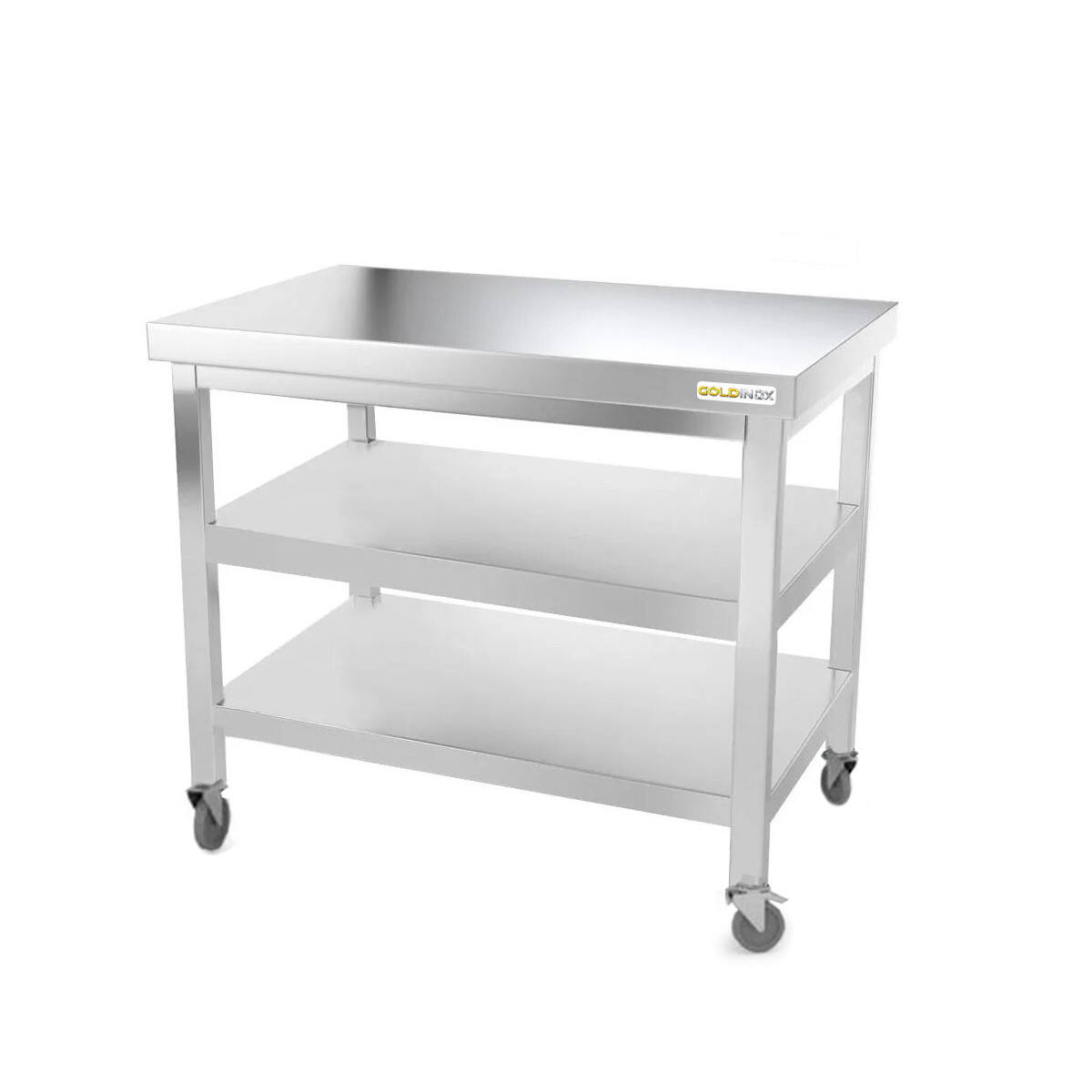 Table inox 1000 x 700 mm avec 2 étagères sur roulettes / GOLDINOX