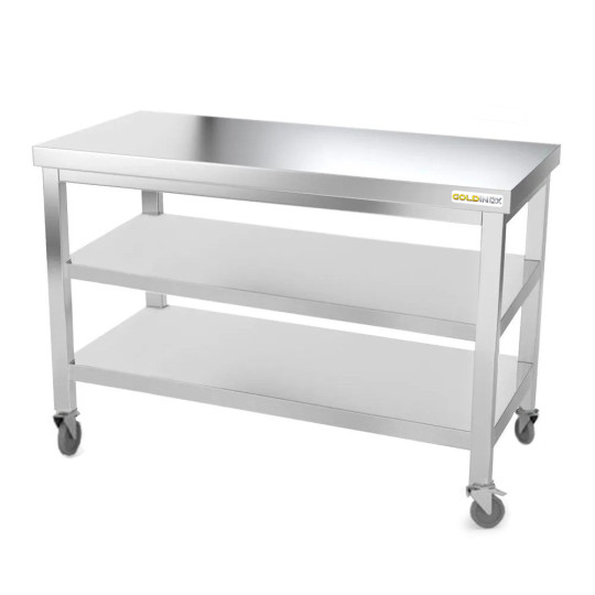 Table inox 1600 x 700 mm avec 2 étagères sur roulettes / GOLDINOX