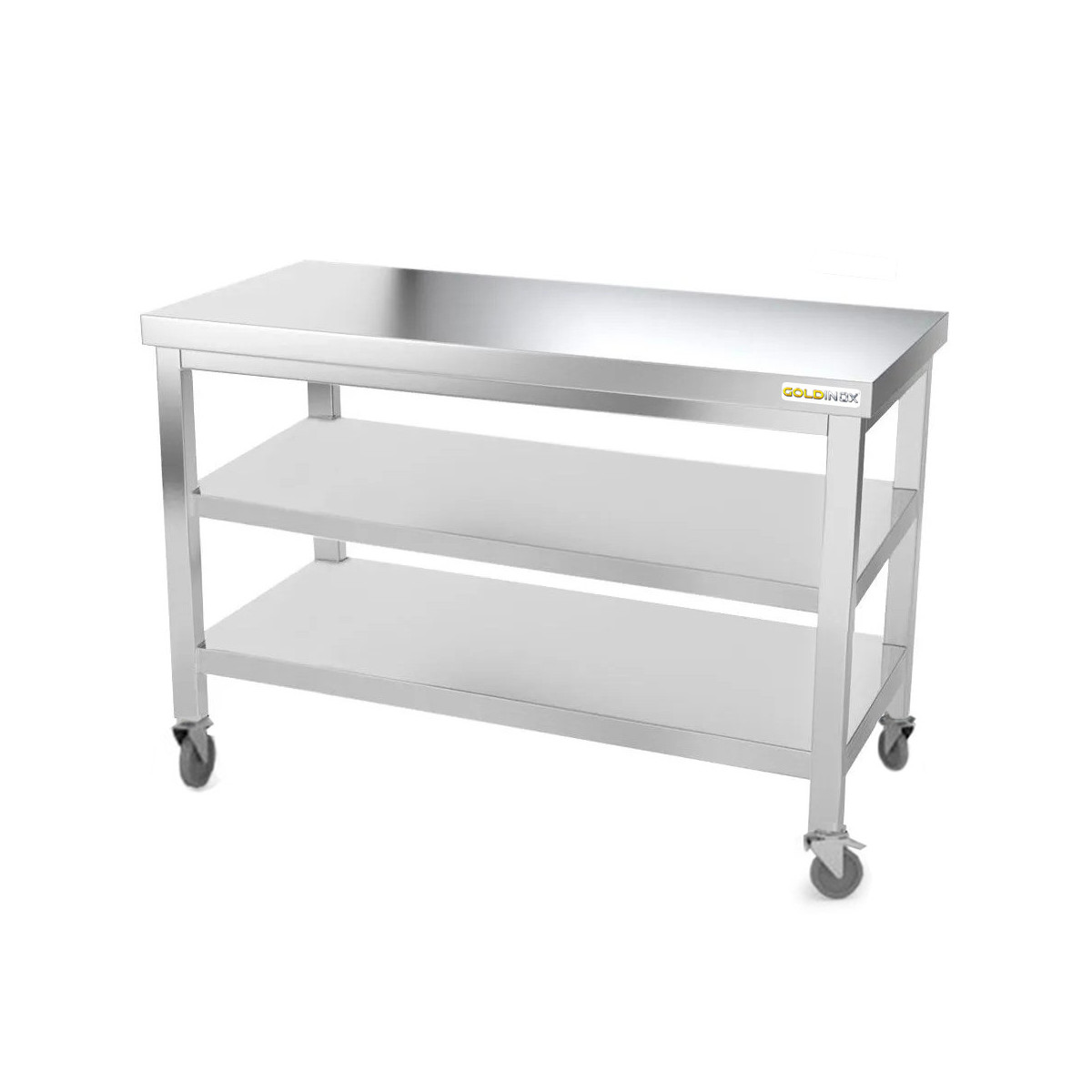 Table inox 1600 x 700 mm avec 2 étagères sur roulettes / GOLDINOX