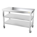 Table inox 1600 x 700 mm avec 2 étagères sur roulettes / GOLDINOX