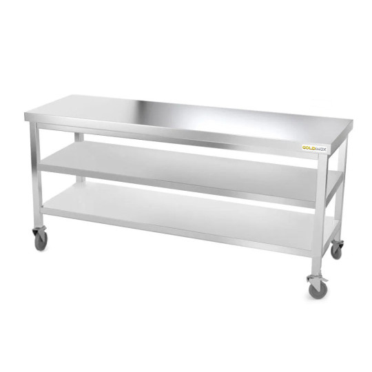Table inox 2000 x 700 mm avec 2 étagères sur roulettes / GOLDINOX