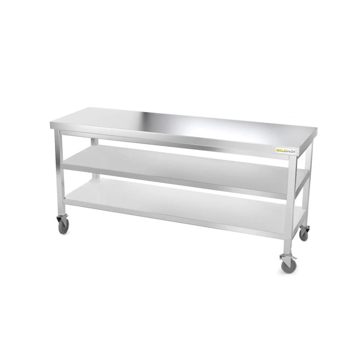 Table inox 2000 x 700 mm avec 2 étagères sur roulettes / GOLDINOX