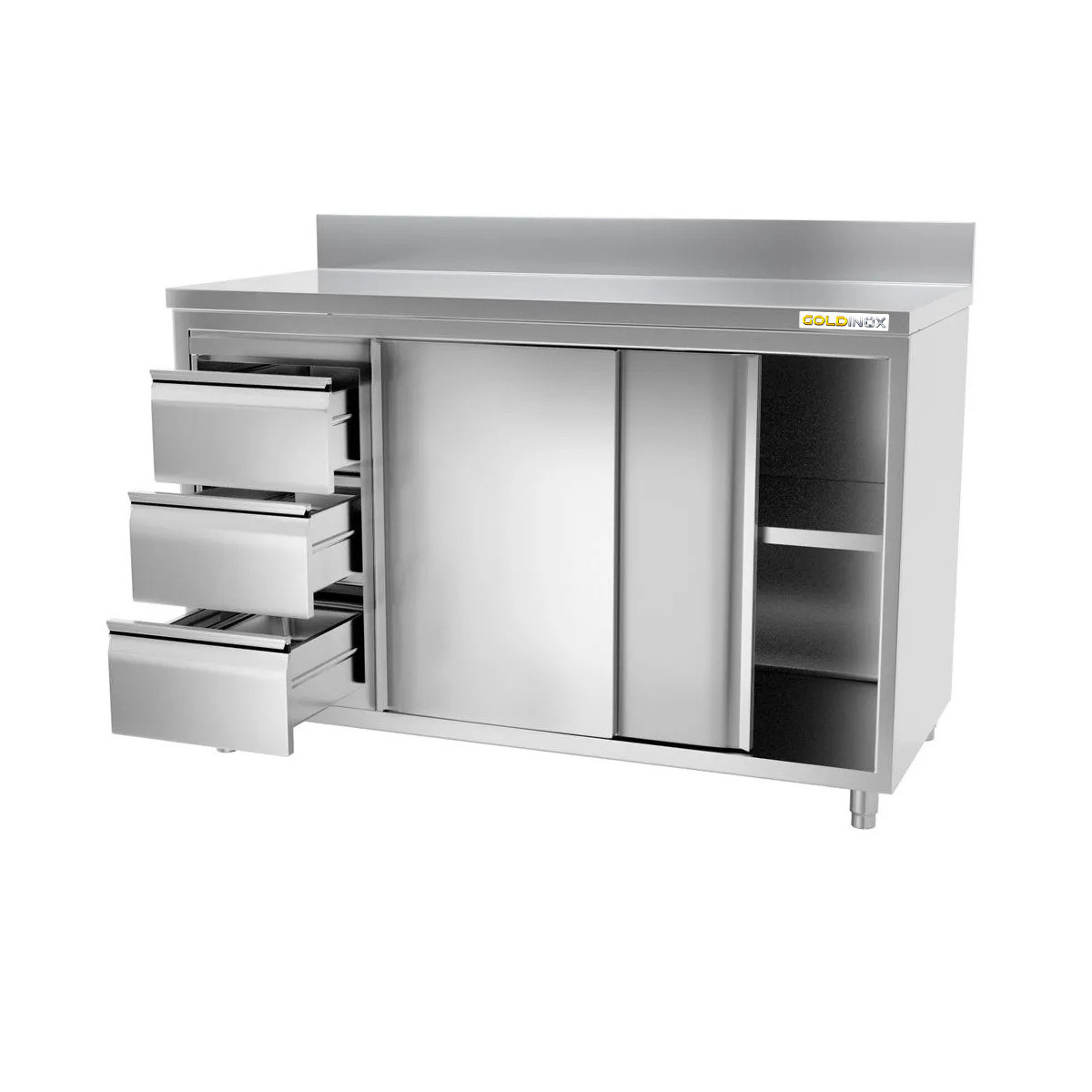 Meuble bas inox 1400 x 700 mm adossée avec 3 tiroirs gauche PREMIUM / GOLDINOX