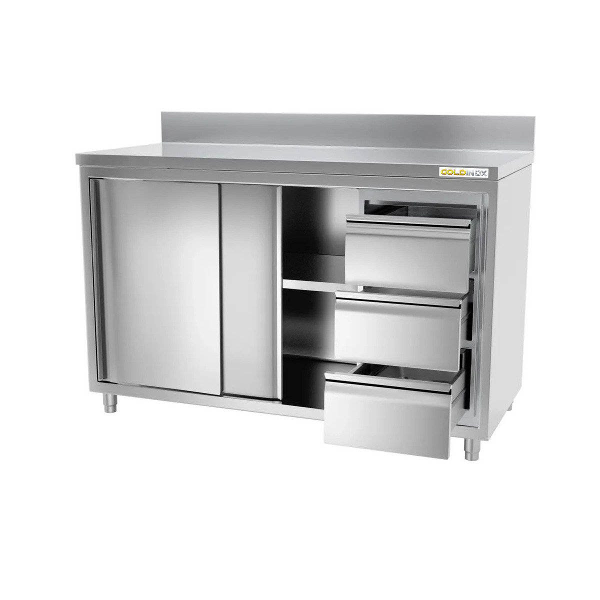 Meuble bas inox 2000 x 700 mm adossée avec 3 tiroirs droit PREMIUM / GOLDINOX