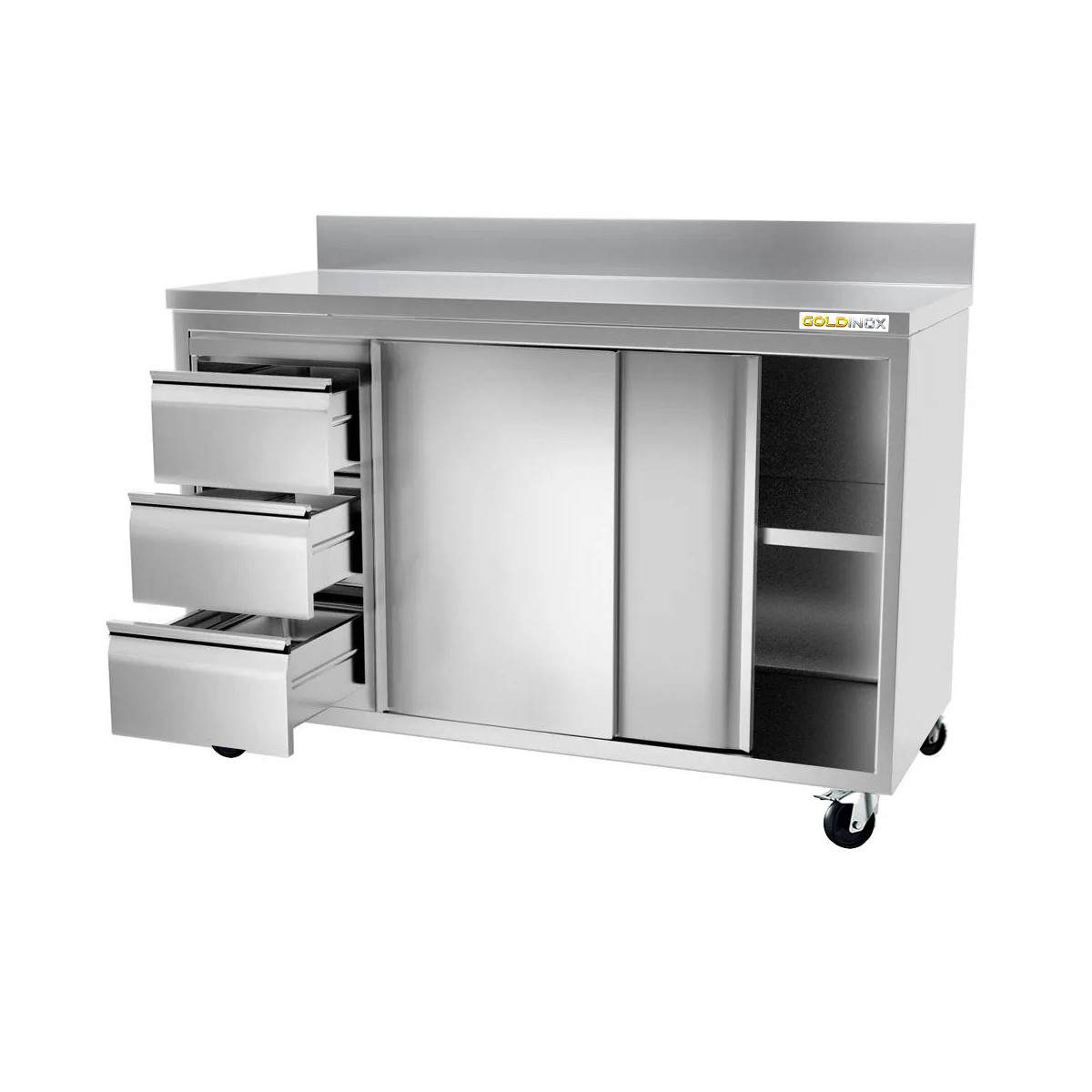 Meuble bas inox 1800 x 600 mm adossée avec 3 tiroirs gauche sur roulettes / GOLDINOX