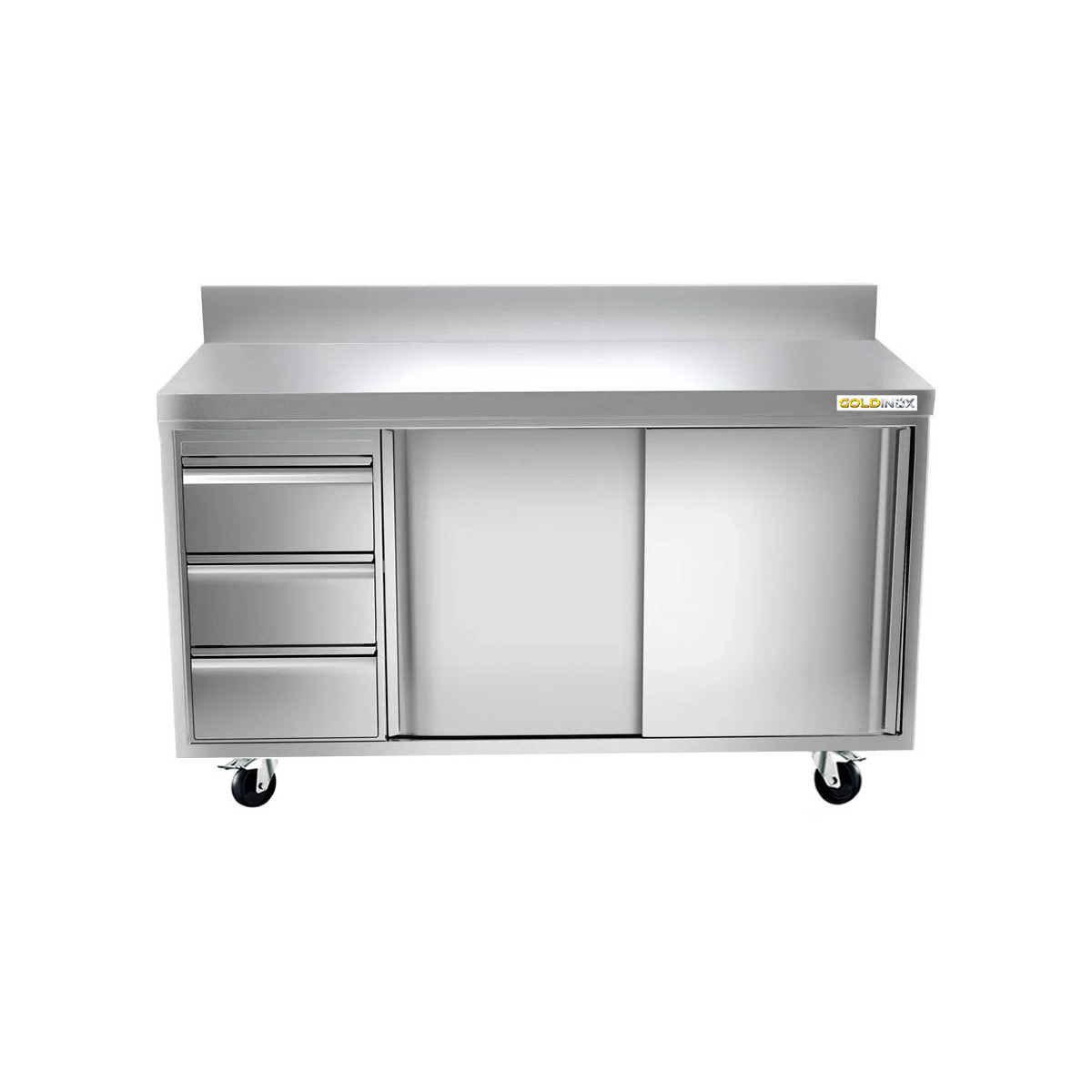 Meuble bas inox 2000 x 600 mm adossée avec 3 tiroirs gauche sur roulettes / GOLDINOX