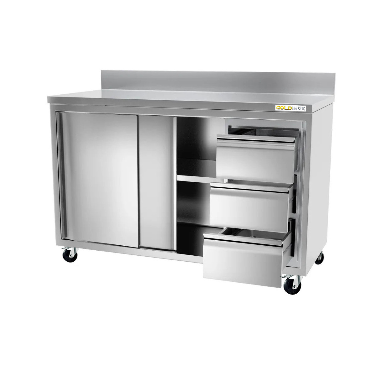 Meuble bas inox 2000 x 600 mm adossée avec 3 tiroirs droit sur roulettes / GOLDINOX