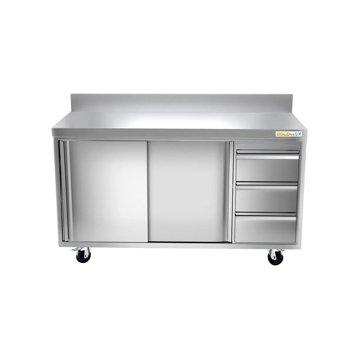 Meuble bas inox 2000 x 600 mm adossée avec 3 tiroirs droit sur roulettes / GOLDINOX