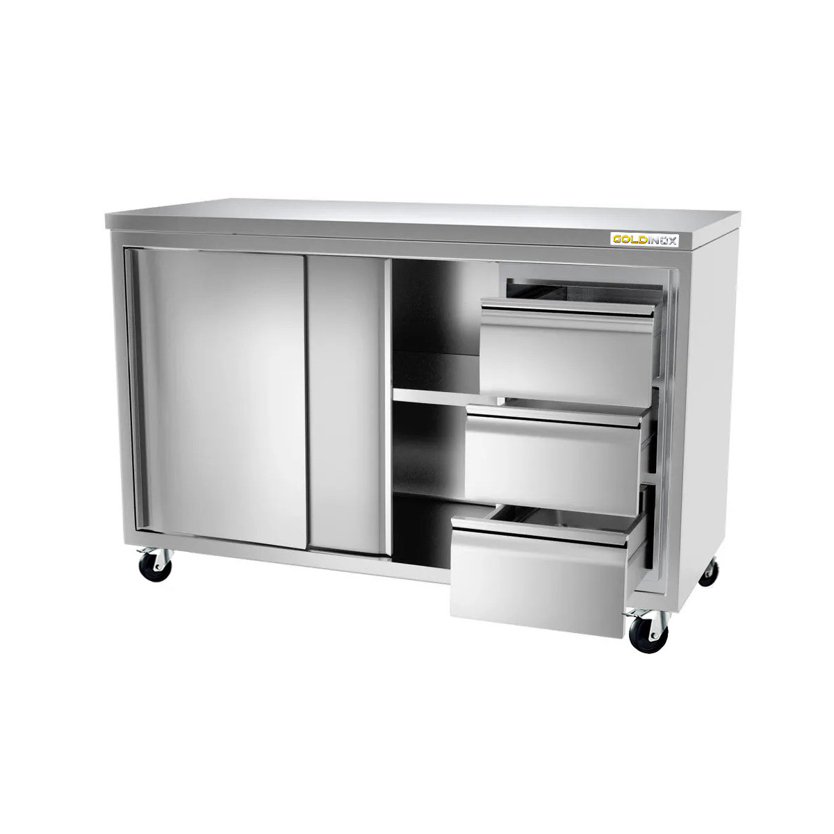 Meuble bas inox 2000 x 700 mm avec 3 tiroirs droit sur roulettes / GOLDINOX