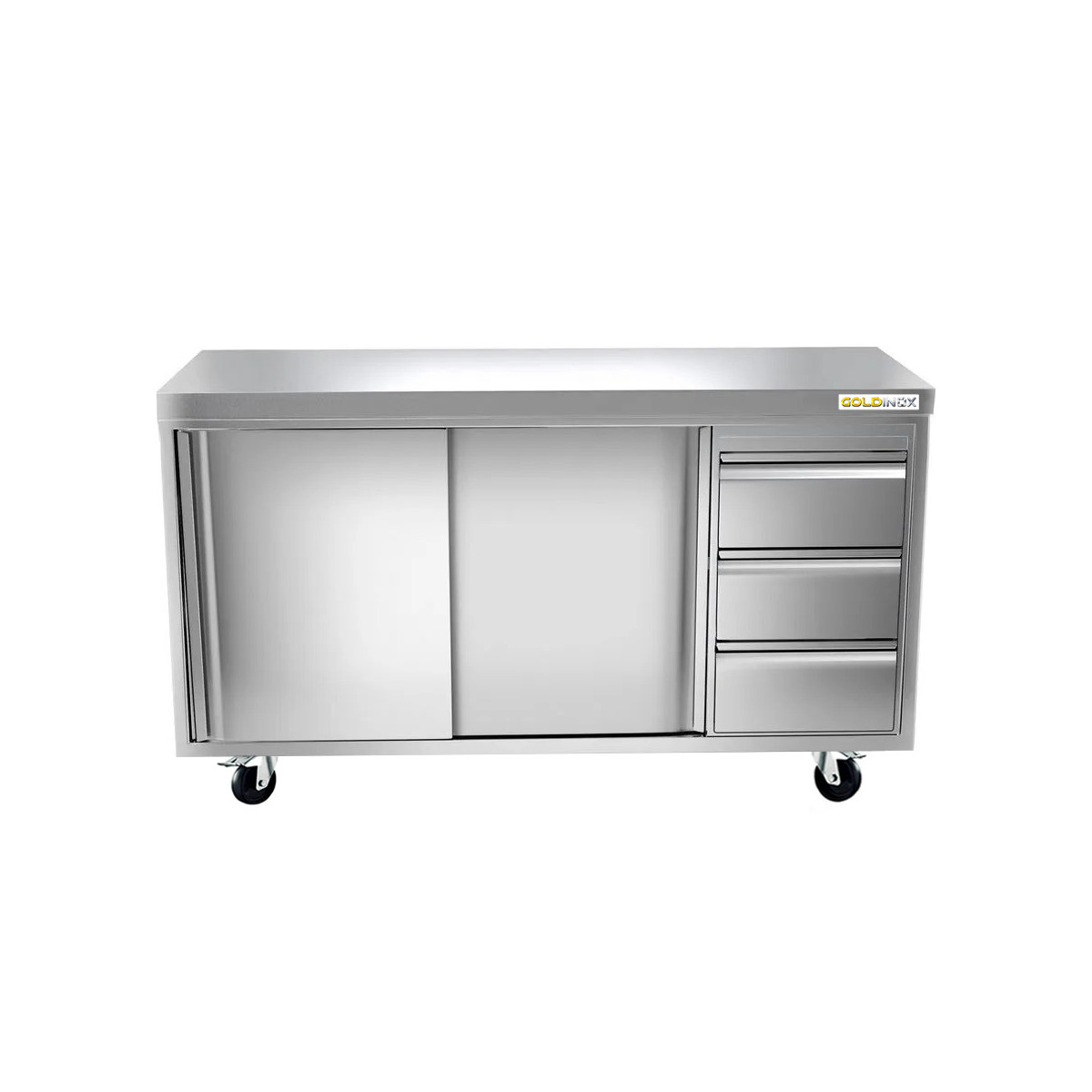 Meuble bas inox 2000 x 700 mm avec 3 tiroirs droit sur roulettes / GOLDINOX