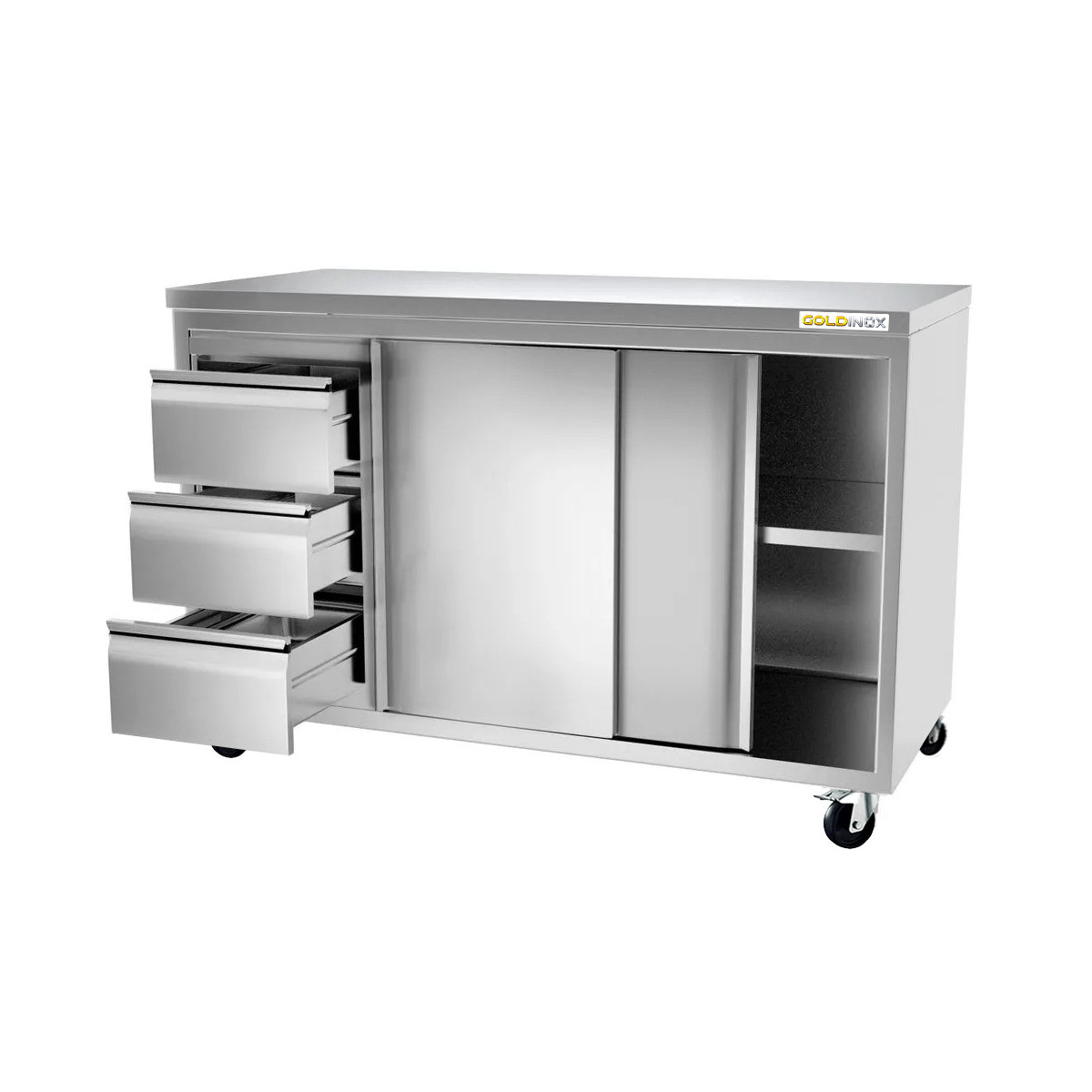 Meuble bas inox 2000 x 700 mm avec 3 tiroirs gauche sur roulettes / GOLDINOX