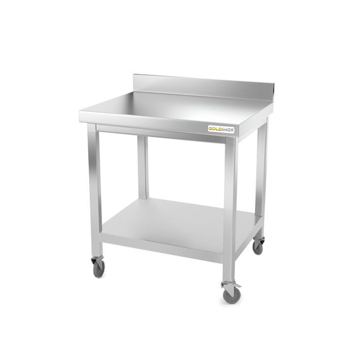 Table inox 700 x 600 mm adossée sur roulettes PREMIUM / GOLDINOX