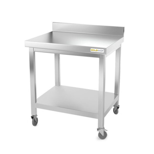 Table inox 600 x 600 mm adossée sur roulettes PREMIUM / GOLDINOX