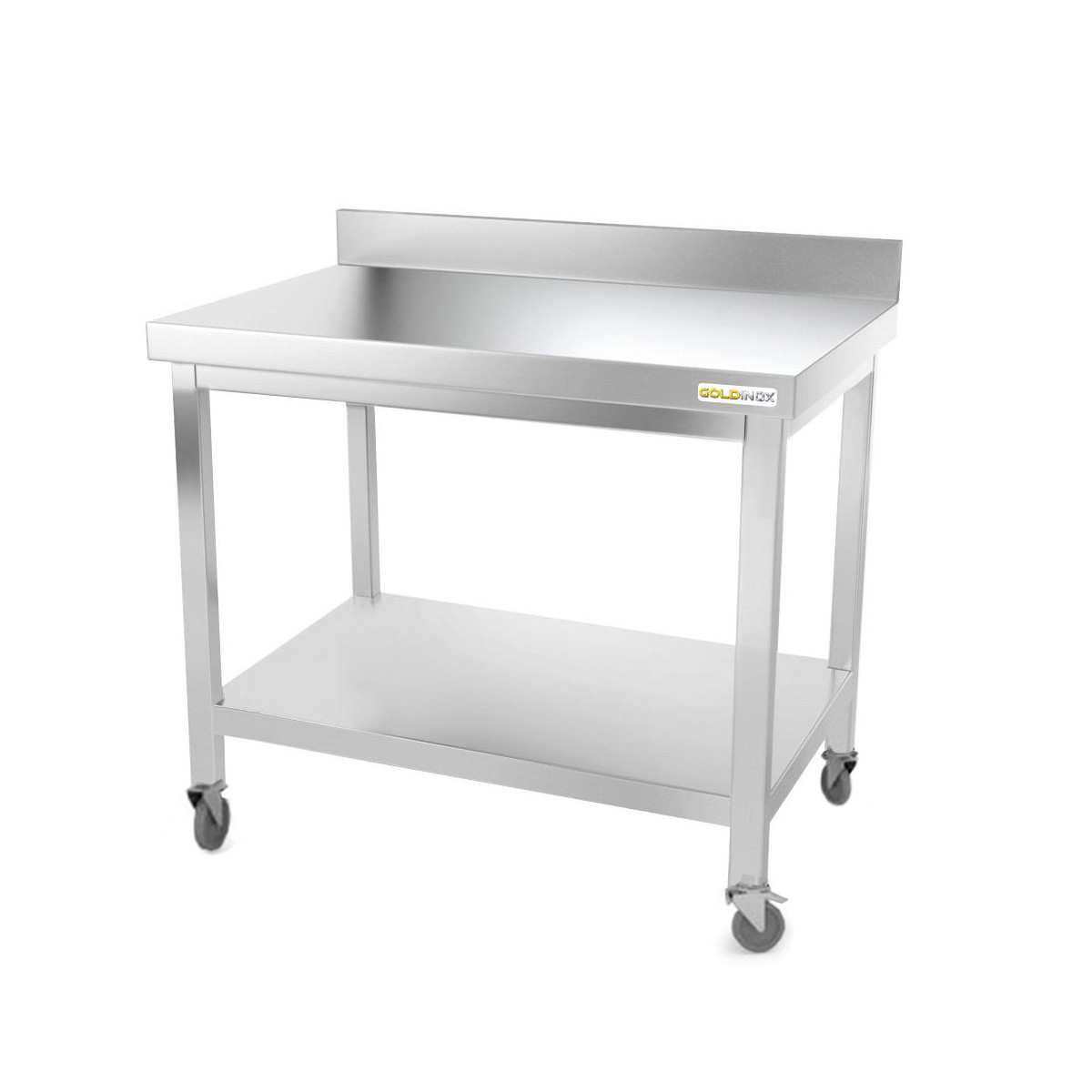 Table inox 1000 x 600 mm adossée sur roulettes PREMIUM / GOLDINOX