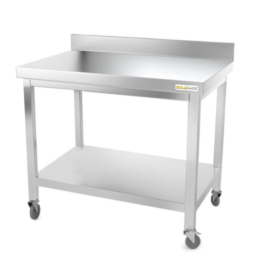 Table inox 1200 x 600 mm adossée sur roulettes PREMIUM / GOLDINOX