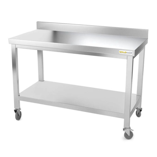 Table inox 1500 x 600 mm adossée sur roulettes PREMIUM / GOLDINOX