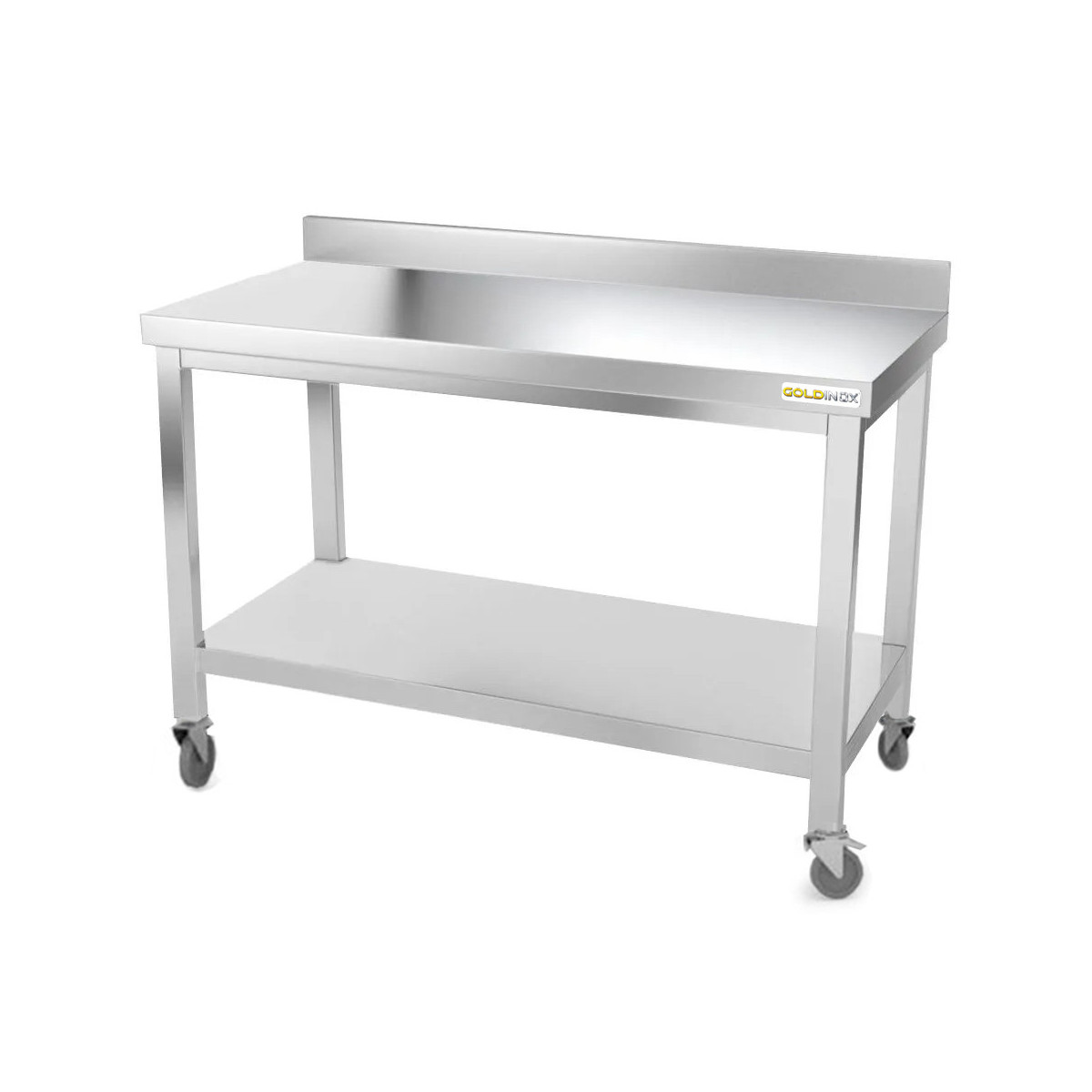 Table inox 1500 x 600 mm adossée sur roulettes PREMIUM / GOLDINOX